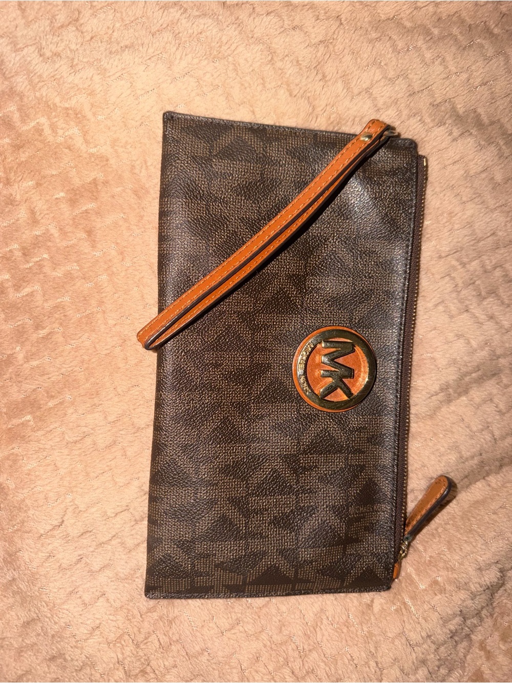 Brown Leather-Trim Wristlet Clutch